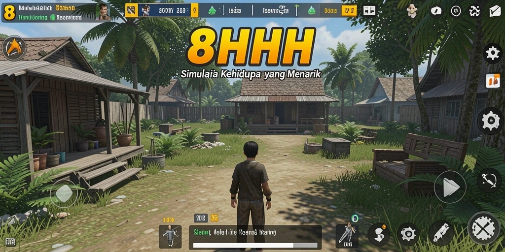 Tangkapan layar gameplay 8HHH yang menunjukkan interaksi karakter dalam simulasi.