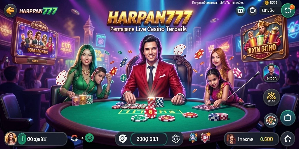 Screenshot utama HARAPAN777 menampilkan dealer langsung dan permainan seru.