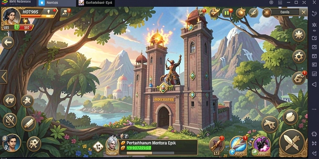 Tampilan gameplay HOT985 saat pertahanan menara sedang disiapkan.
