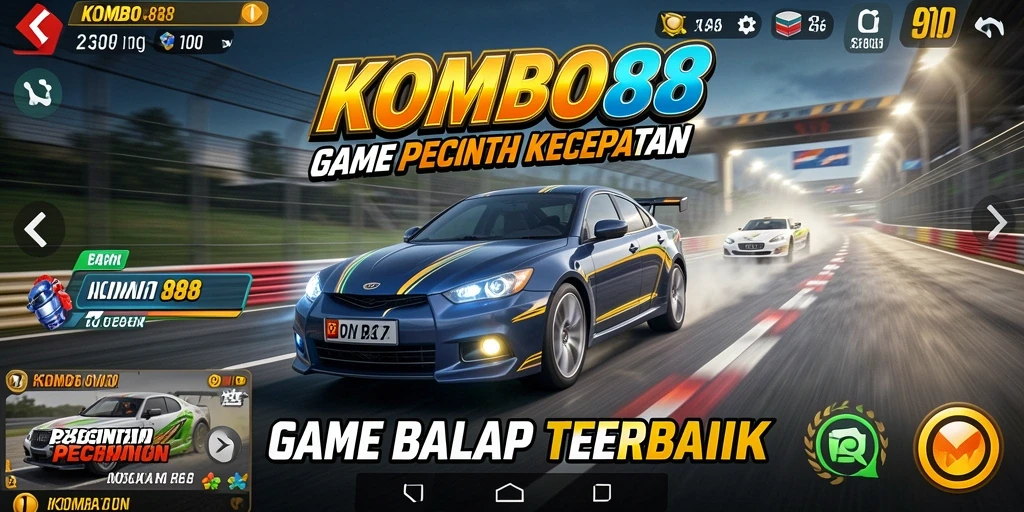 Tampilan gameplay seru di KOMBO88 dengan mobil balap menakjubkan.