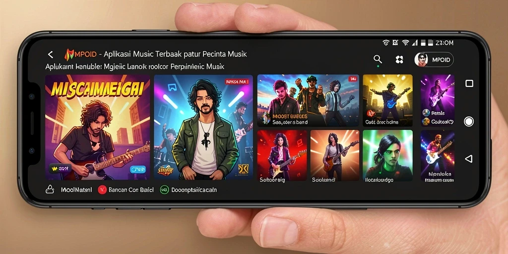 Screenshot MPOID menunjukkan antarmuka yang menarik dengan fitur musik interaktif.