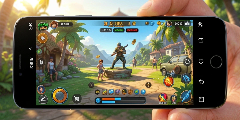 Tampilan gameplay RK55 yang ceria dan penuh warna.