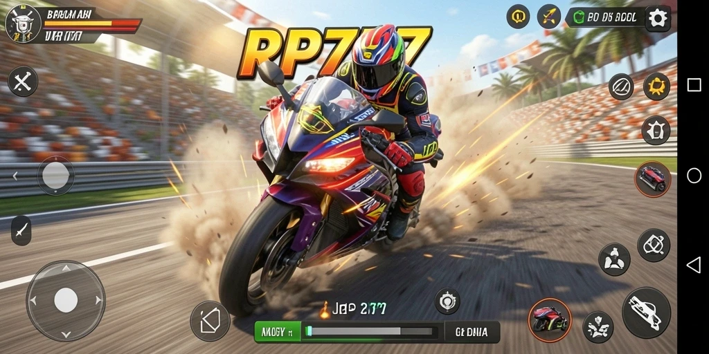 Gameplay RP777 yang seru dan mendebarkan saat balapan motor.