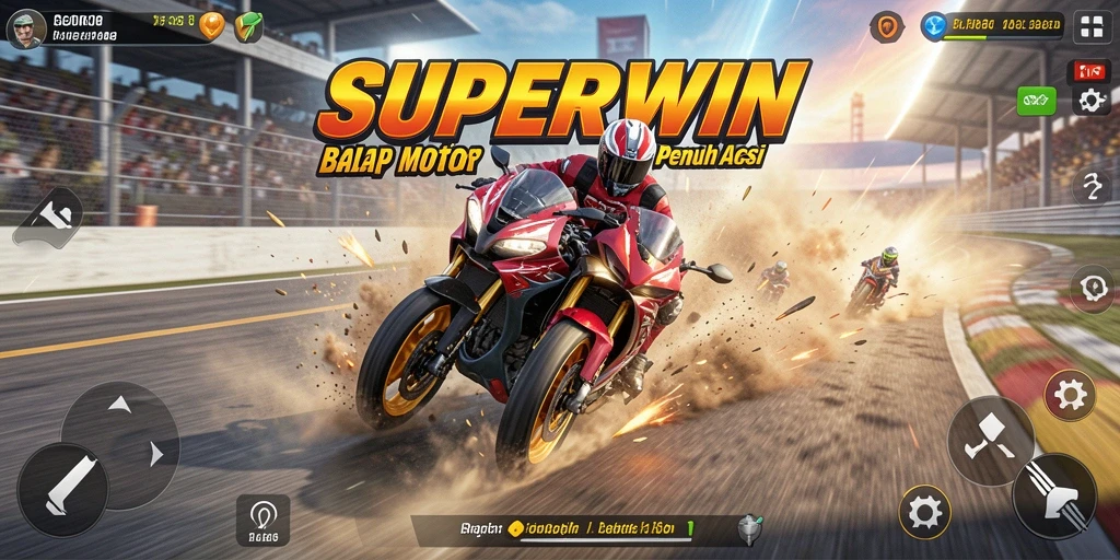 Screenshot utama SUPERWIN menampilkan balapan motor yang intens dan mendebarkan.