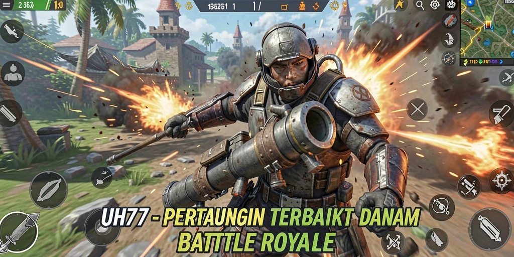 Screenshot UH77 menampilkan suasana pertempuran Battle Royale yang intens.